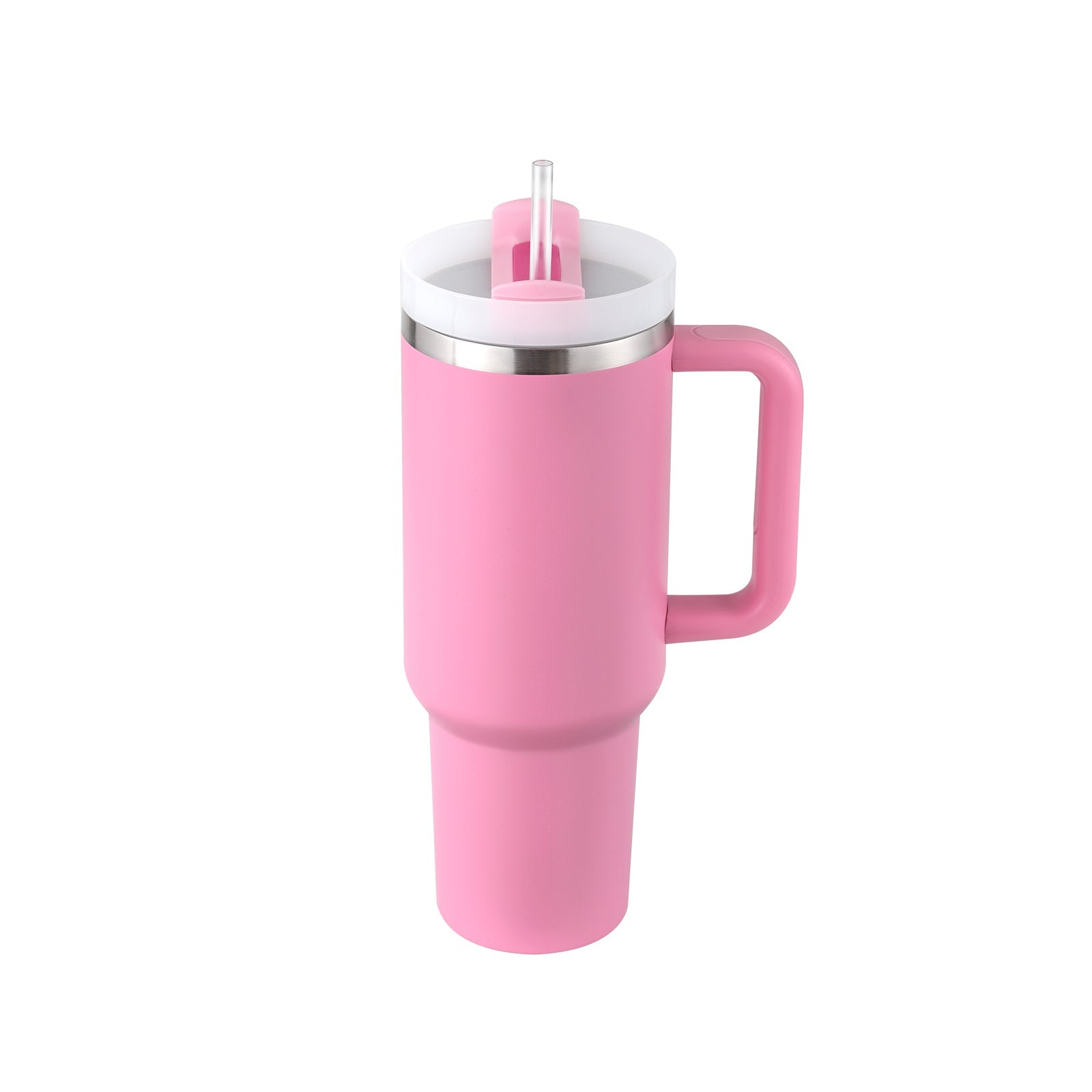 Pink travel mug with handle and straw lid for on-the-go hydration