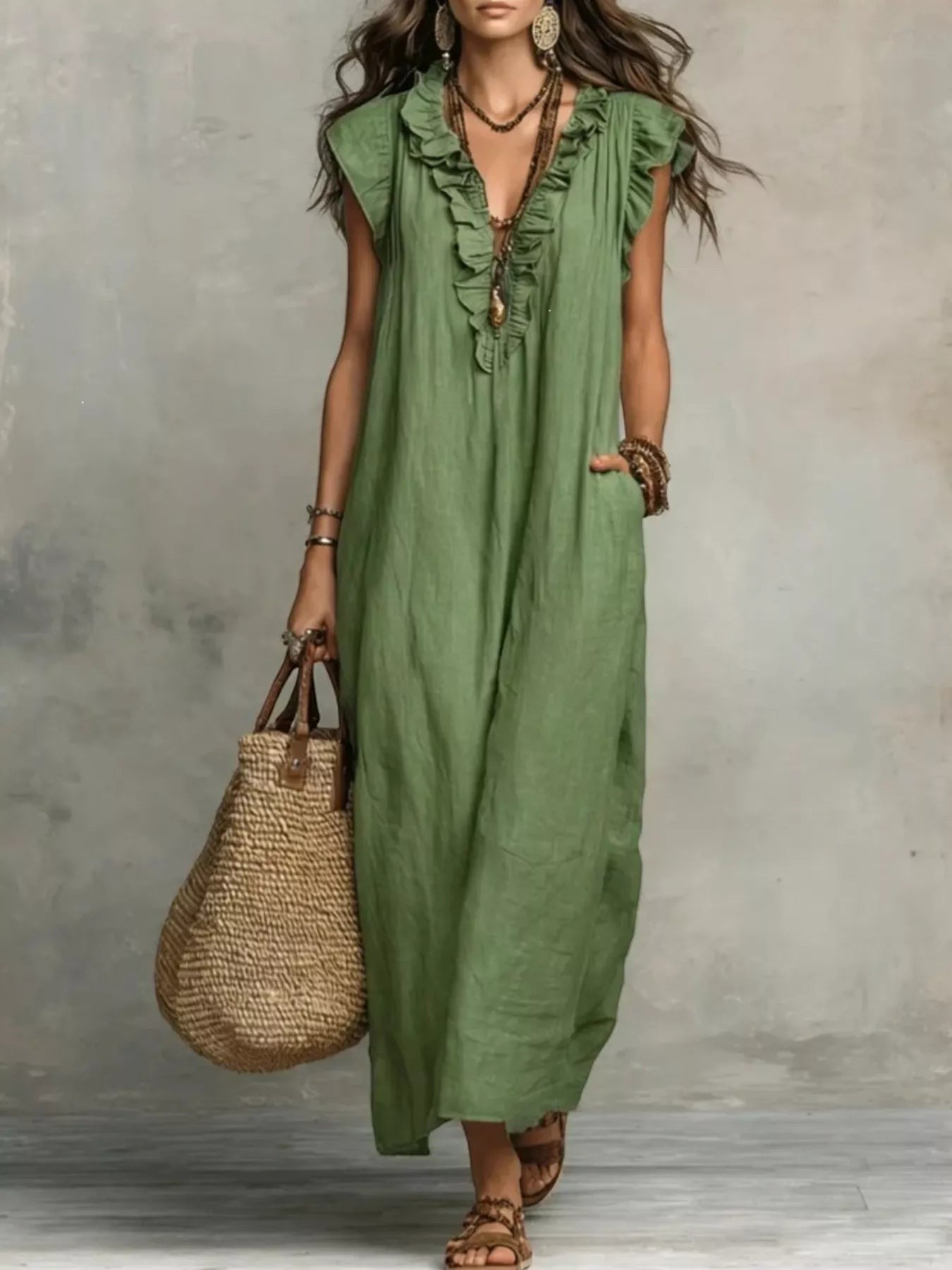 Health Hive olive green ruffled V-neck maxi dress with cap sleeves and pockets, styled with a woven straw tote bag.