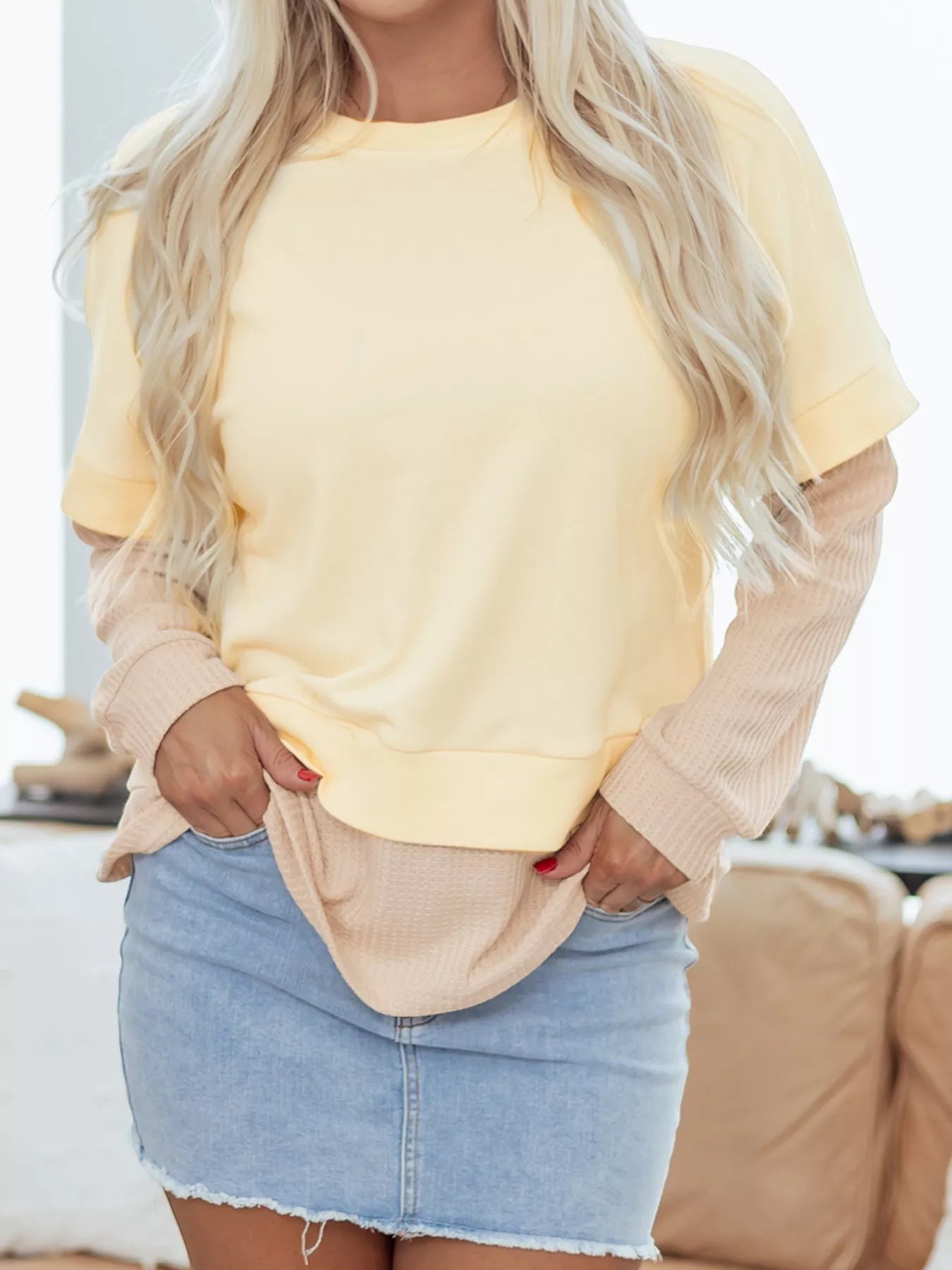 Health Hive faux two-piece patchwork sweatshirt in pale yellow with waffle-knit long sleeves and a round neck