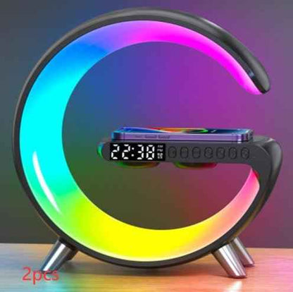 G-Shape LED Lamp with Bluetooth Speaker & Wireless Charger — RGB Atmosphere Night Light with App Control for Bedroom & Home Decor