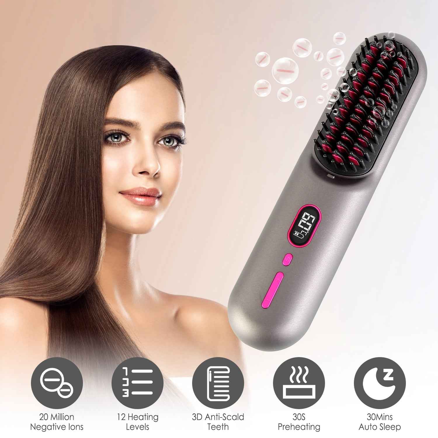 Cordless Hair Straightener Brush — Rechargeable Negative Ion Styling Comb with 12 Heat Settings, LCD Display & Anti-Scald Protection