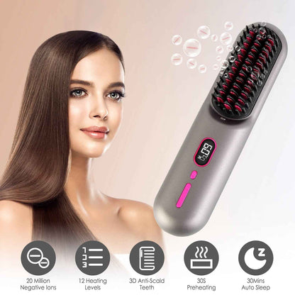 Cordless Hair Straightener Brush with 12 Heat Settings & LCD Display - Rechargeable Negative Ion Anti-Frizz Straightening Comb for Travel - Health Hive
