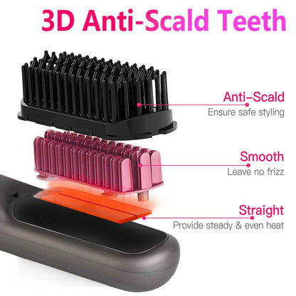 Cordless Hair Straightener Brush with 12 Heat Settings & LCD Display - Rechargeable Negative Ion Anti-Frizz Straightening Comb for Travel - Health Hive