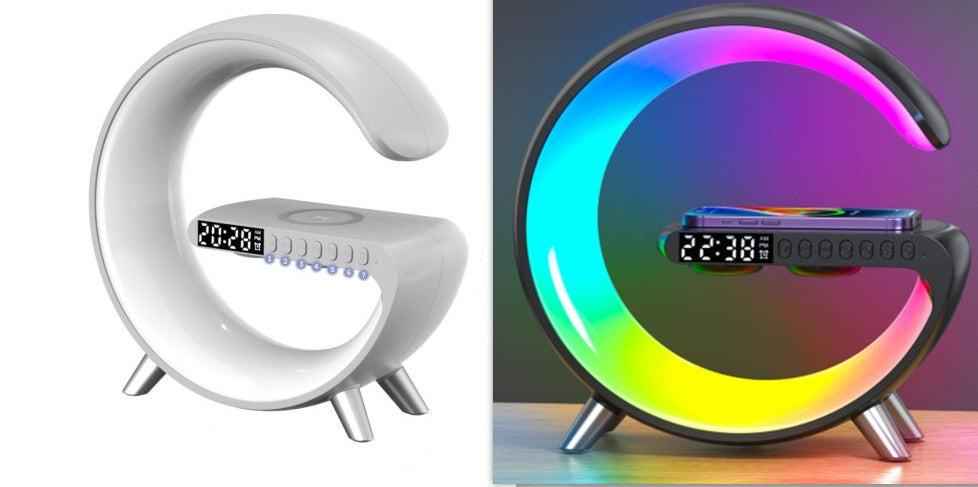 G-Shape LED Lamp with Bluetooth Speaker & Wireless Charger — RGB Atmosphere Night Light with App Control for Bedroom & Home Decor