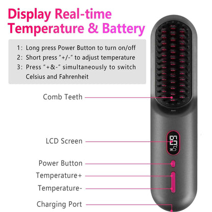 Cordless Hair Straightener Brush with 12 Heat Settings & LCD Display - Rechargeable Negative Ion Anti-Frizz Straightening Comb for Travel - Health Hive